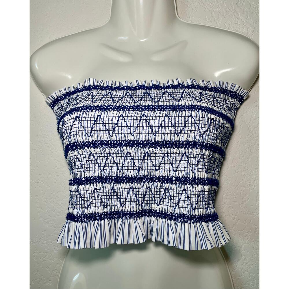 Christian Lacroix Smocked Tube Top Navy Blue & White Striped Ruffle Size Small